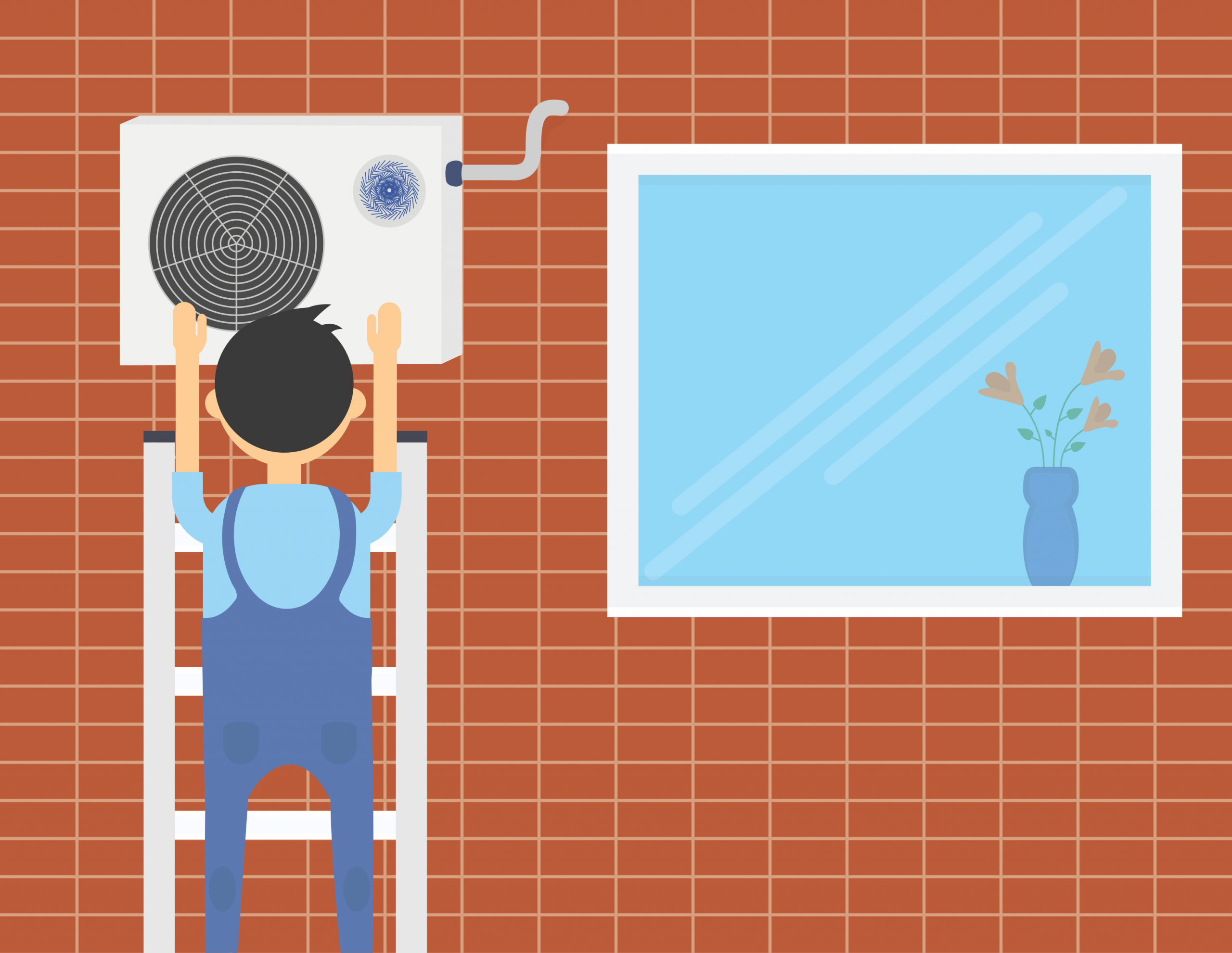 Cartoon repairman reaching up to AC unit on wall
