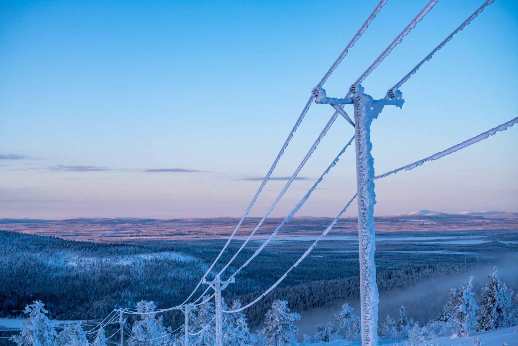 Power lines covered in snow and frost in a wintry background