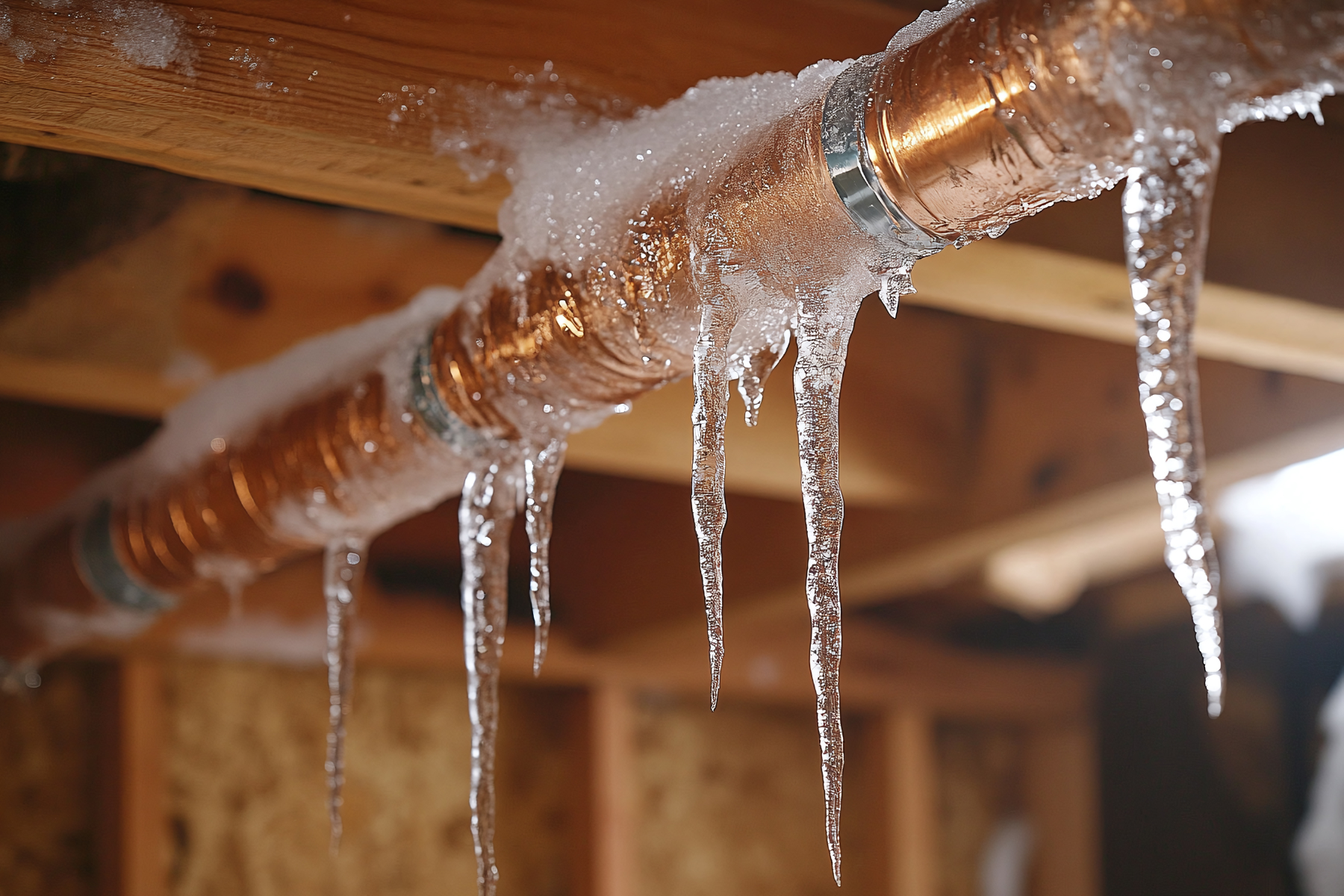 Close-up view of a copper pipe in a basement covered with a thick layer of ice and icicles hanging down, indicating frozen water within the pipe. The wooden beams and unfinished walls are visible in the background.