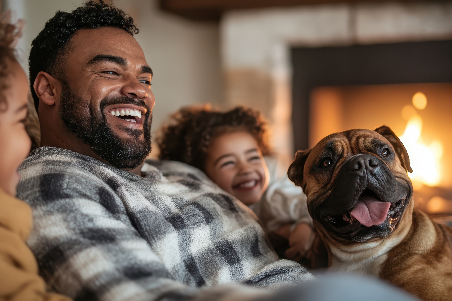 A joyful family, including a man, a young child, and a cheerful dog, sitting together near a glowing fireplace. The warm ambiance highlights the coziness and happiness of spending time together in a comfortable, heated home.