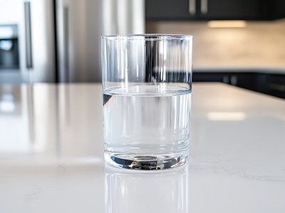 A clear glass of water on a counter in a kitchen