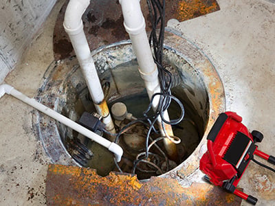 A sump pump in a basement