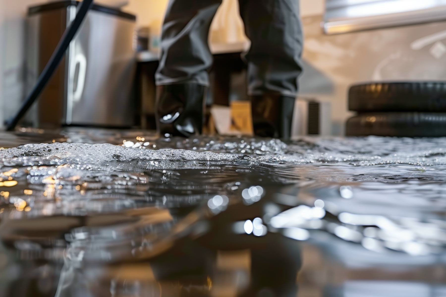 The lower half of a person in rubber boots stands in a room flooded with water. The surface of the water reflects light, and some furniture is visible in the background.