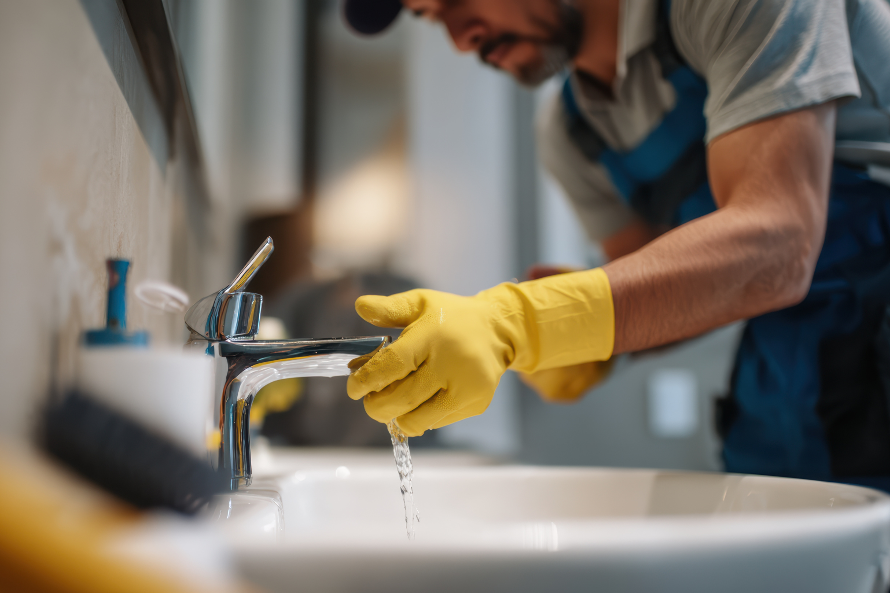 In this image, an individual wearing yellow gloves is cleaning a faucet. The person is holding the faucet gently with both hands while water is flowing from the tap. The person appears to be doing a maintenance task, likely cleaning the faucet to ensure proper functioning.