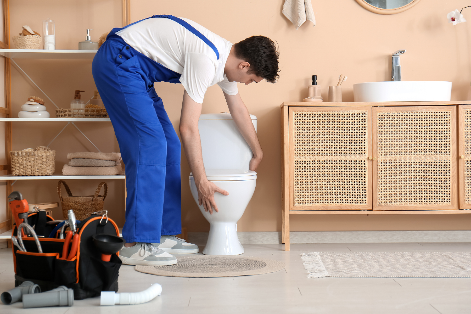 This image depicts a person wearing blue overalls and a white T-shirt, lifting a toilet. The person is likely installing or removing a toilet in a bathroom. The background suggests a modern bathroom setup with a neatly organized space.
