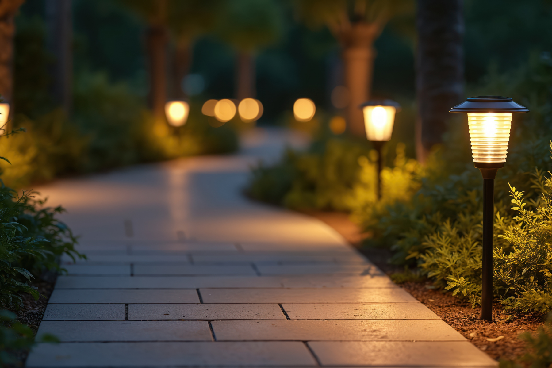 A curved garden walkway lit with small, evenly spaced path lights during twilight.