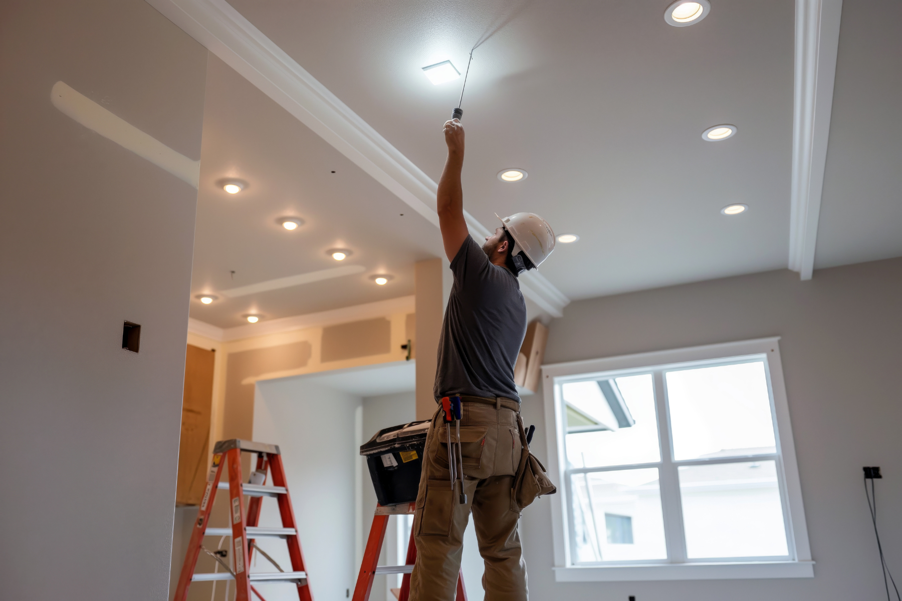 A technician on a ladder installs or repairs ceiling lights in a home under renovation.