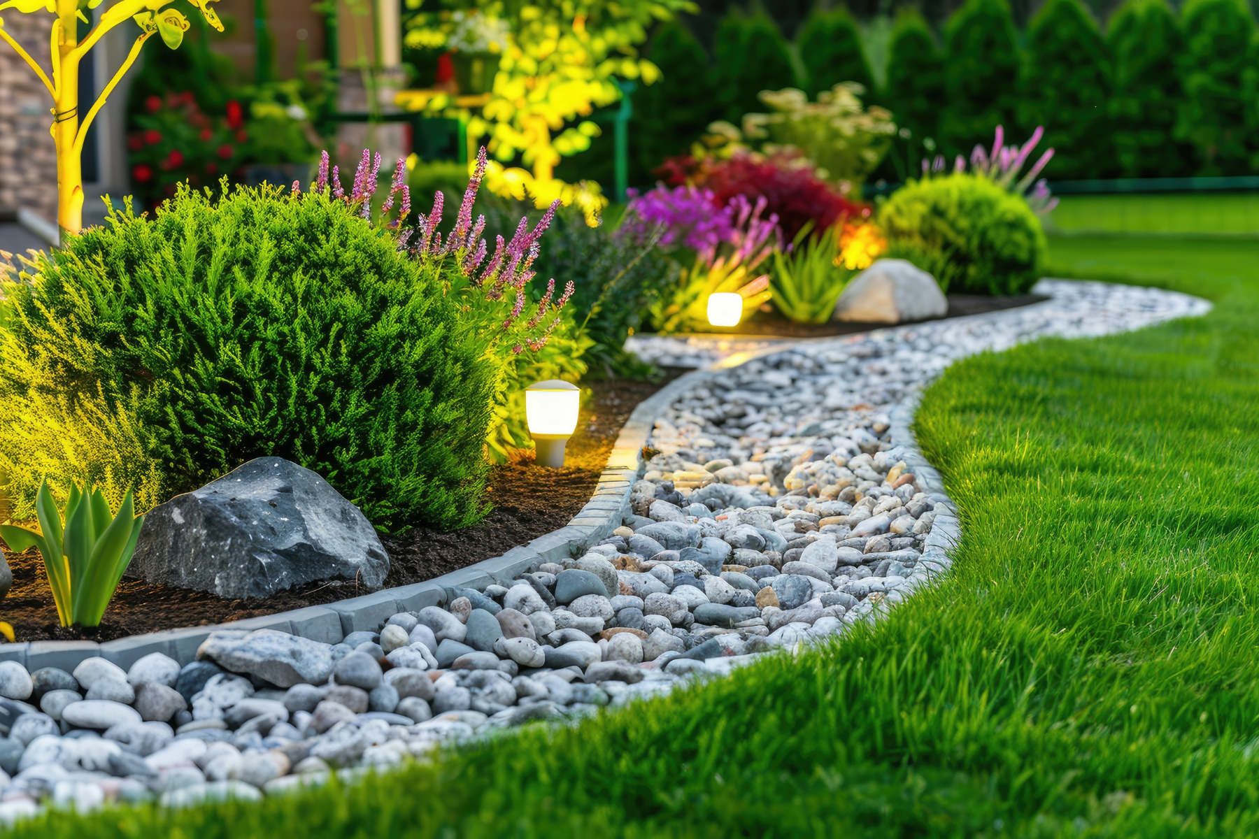 A vibrant garden with decorative outdoor lighting illuminating colorful plants and rock features.