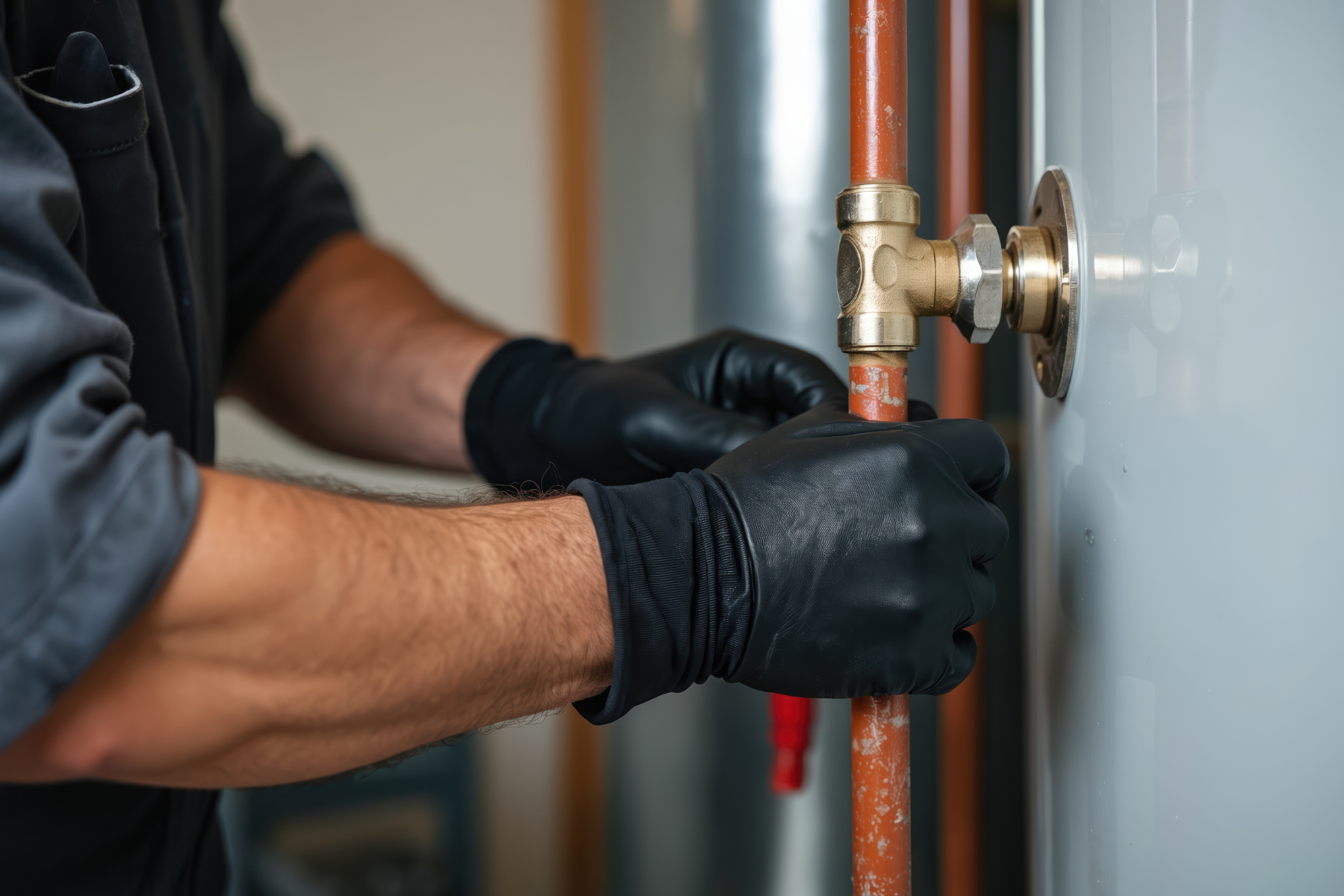 A close-up of gloved hands tightening or adjusting a copper pipe connection on a water heating system.