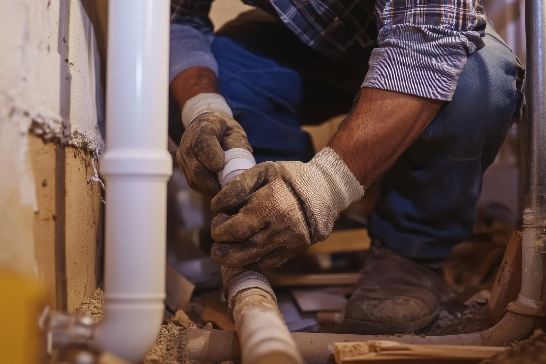 A plumber wearing gloves is working on connecting PVC pipes in a construction or repair setting.