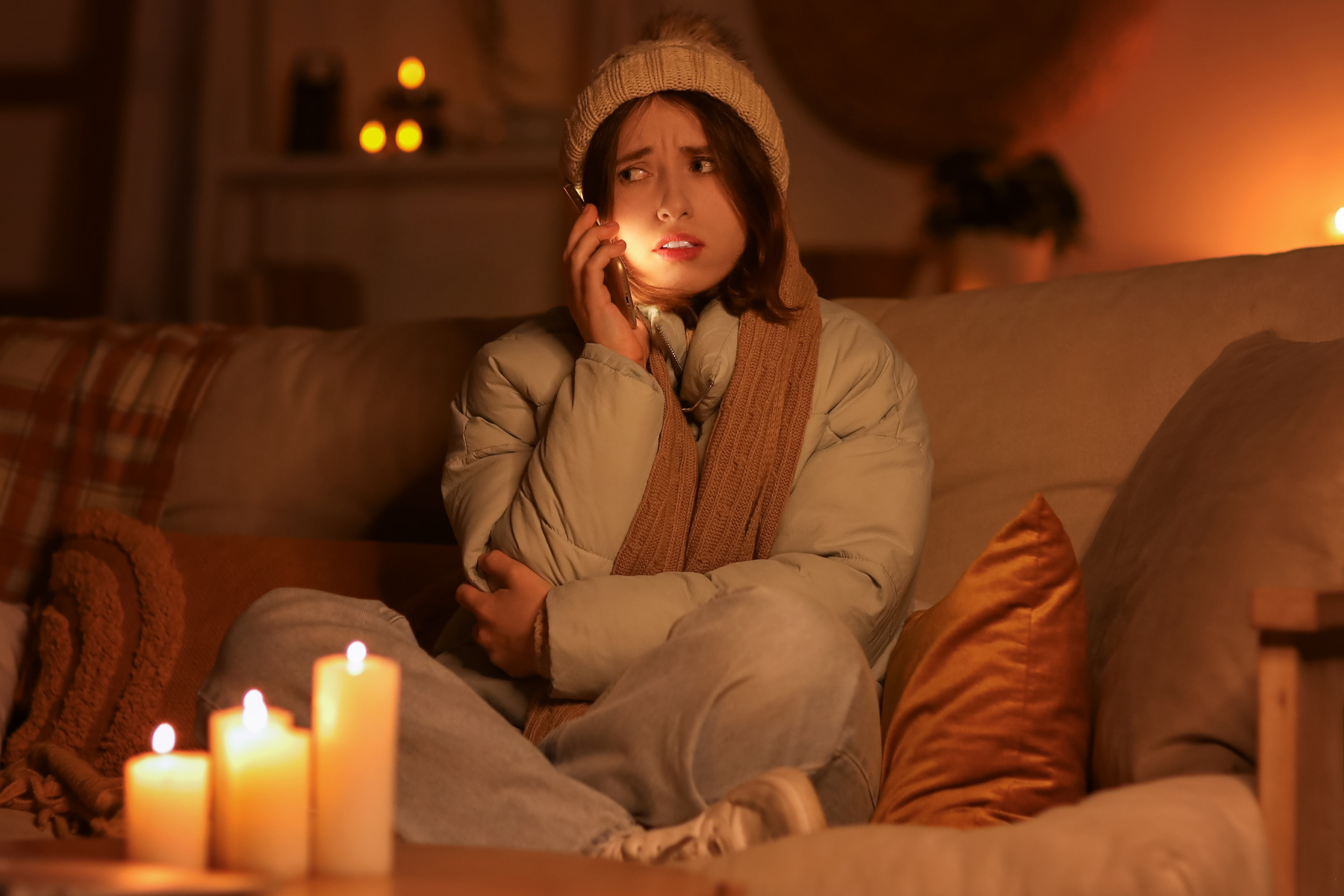 A young woman sitting on a couch in a dimly lit room, bundled up in a thick winter coat, scarf, and hat. She appears worried as she talks on the phone, illuminated by candlelight in front of her.