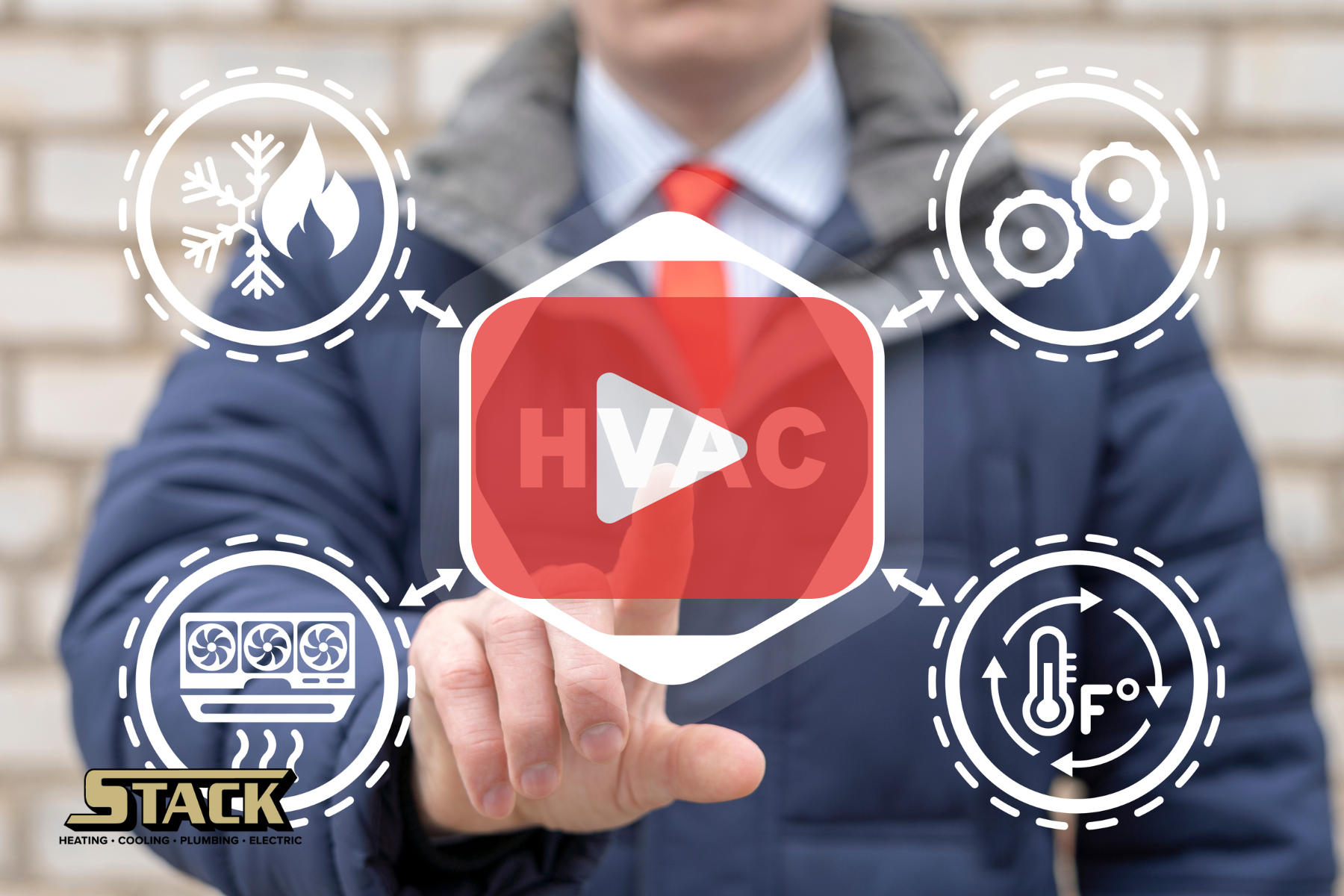Person touching HVAC icons. Red button overlay.