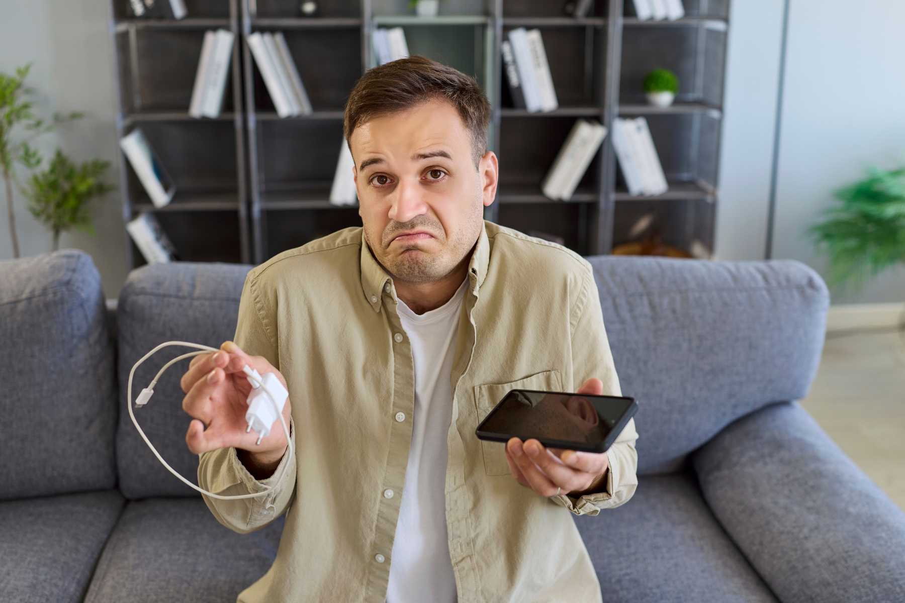 Man holding charger on one hand and phone on another while sitting on couch.