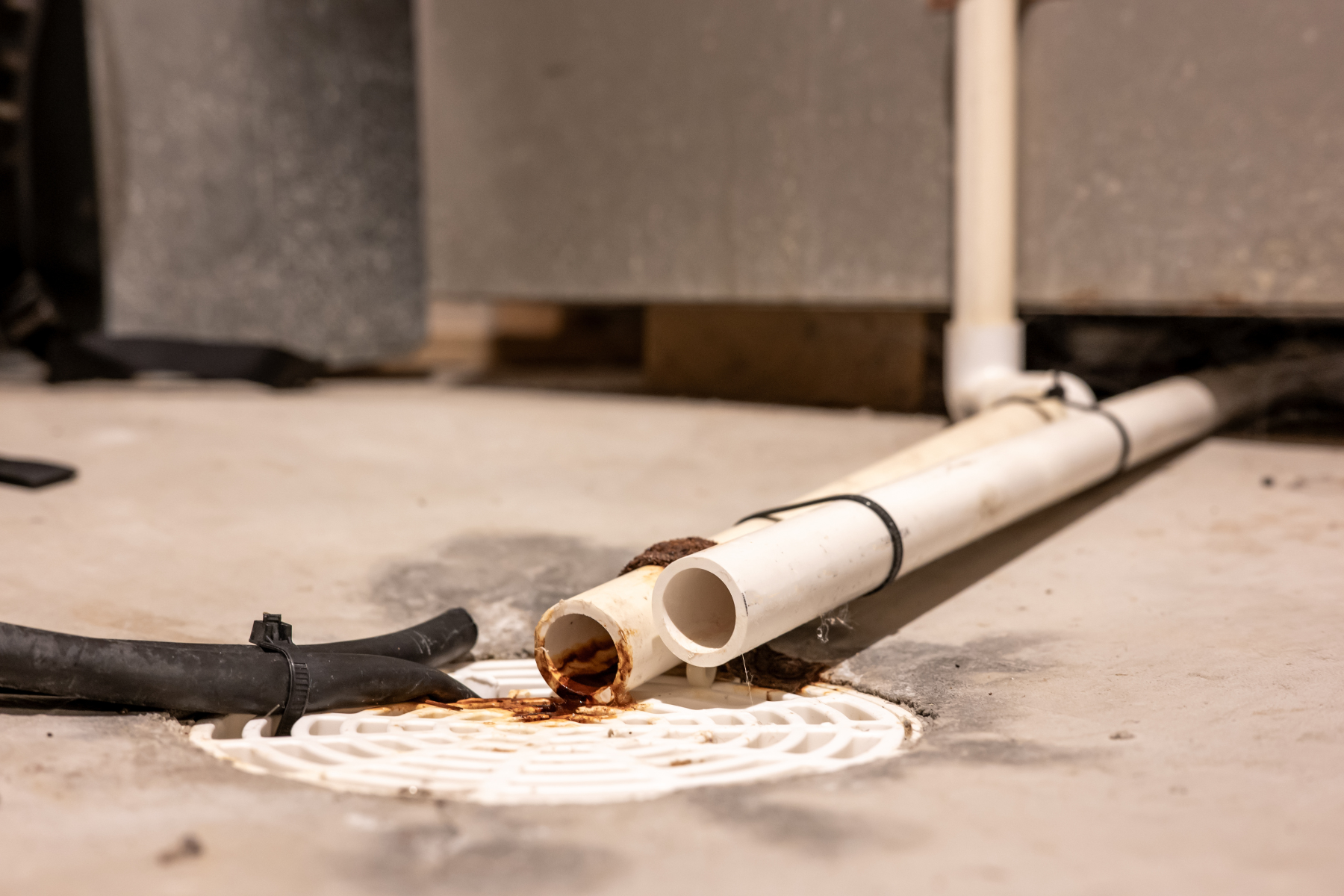 Pipes leading to drain on floor.