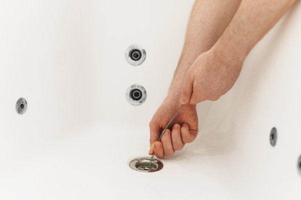 Person cleanig bath tub drain.