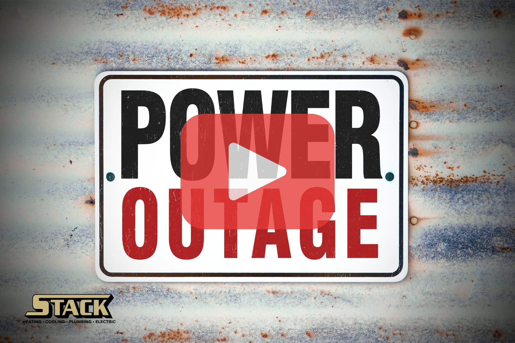 Words: Power outage with red play buttom overlay.
