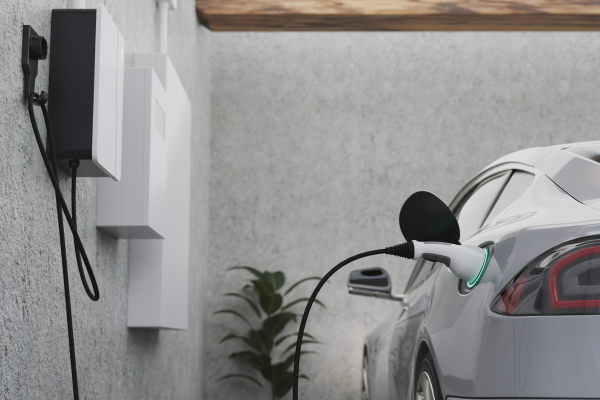 View of car charging at home garage.
