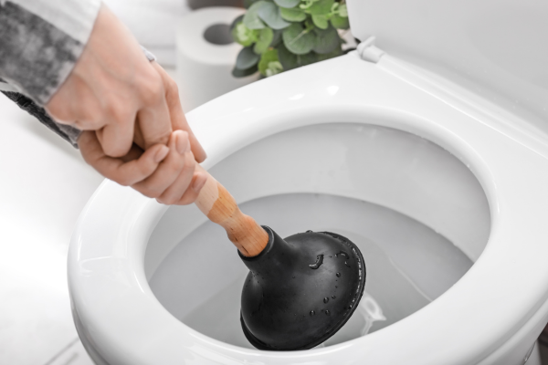 Person using a flange plunger on toilet.
