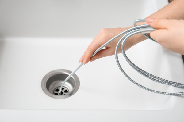 Person using wire to clean drain.
